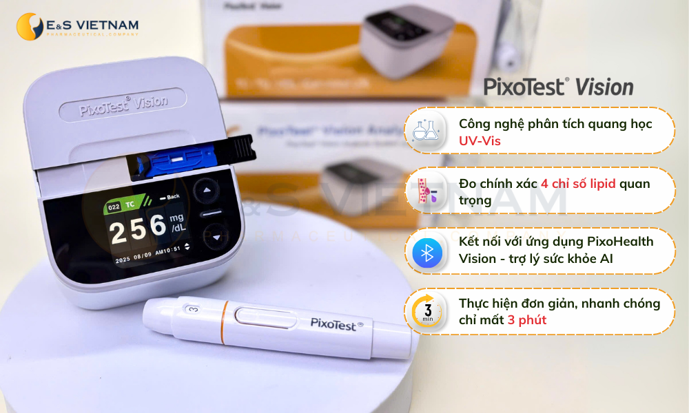 Máy đo mỡ máu PixoTest Vision giúp theo dõi các chỉ số mỡ máu tại nhà